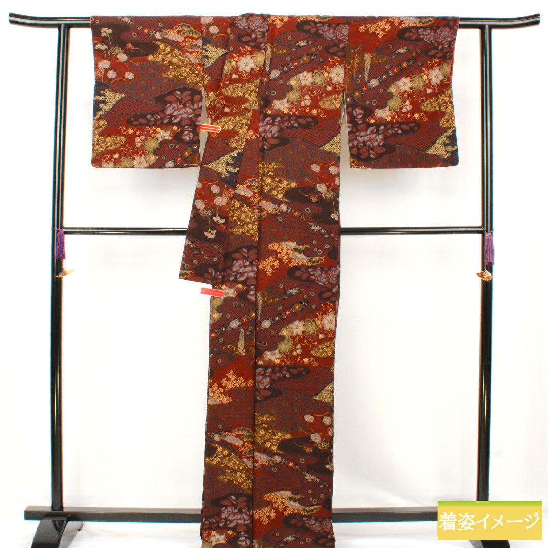 小紋 正絹 Sランク 身丈164.5cm 裄丈64.5cm 袷 小豆茶色(あずきちゃいろ) 辻ヶ花 ザ・スーパーシルク スコッチガード加工 茶系 1115007632414