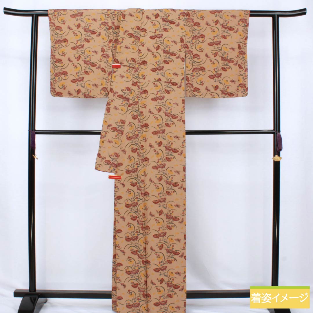 Komon (small pattern) kimono, pure silk, A-rank, length 164cm, sleeve length 65.5cm, lined, clove brown, stencil dyeing, plant dyeing, by Shozo, artist, beige, product number 1115007553425