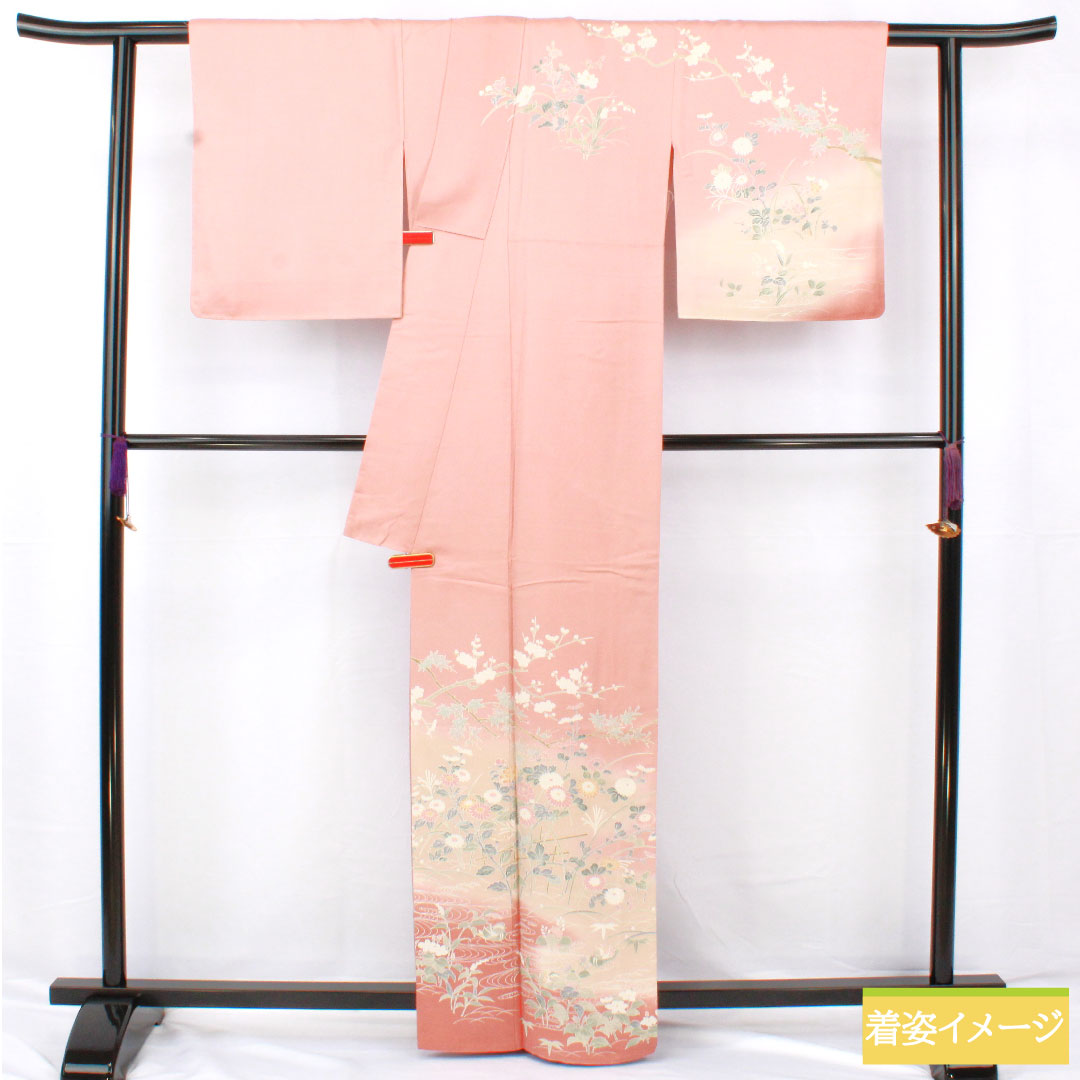 Homongi, pure silk, lined, length 162cm, sleeve length 64cm, Shinonome-iro, Kyoto Yuzen, floral pattern, with basting thread, S rank, pink, 1112005692413