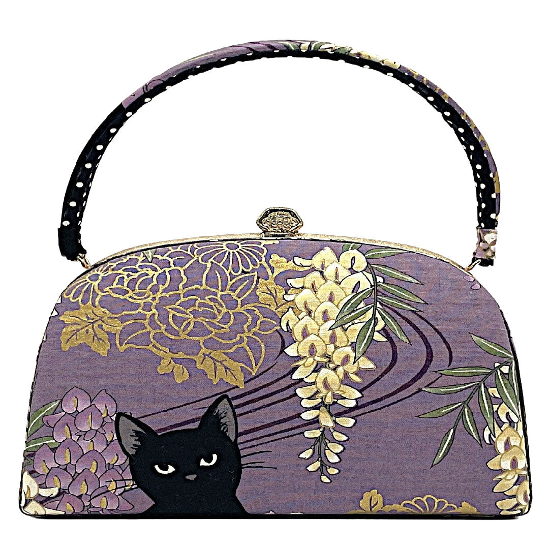 和装バッグ カジュアル NEWランク 鳩羽色(はとばいろ) 黒猫 藤 花柄 紫系 113900135120