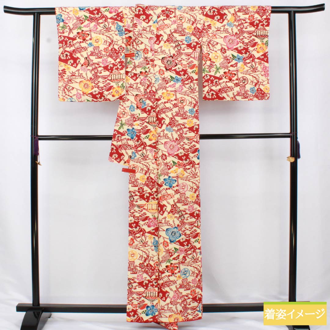 Komon silk S-rank kimono, length 159.5cm, sleeve length 66cm, lined, Tokyo white-brown (Tokyo shirachairo) pattern, Kyoto Bingata, Kyoto landscape design, cream-toned, product number 1115006852315