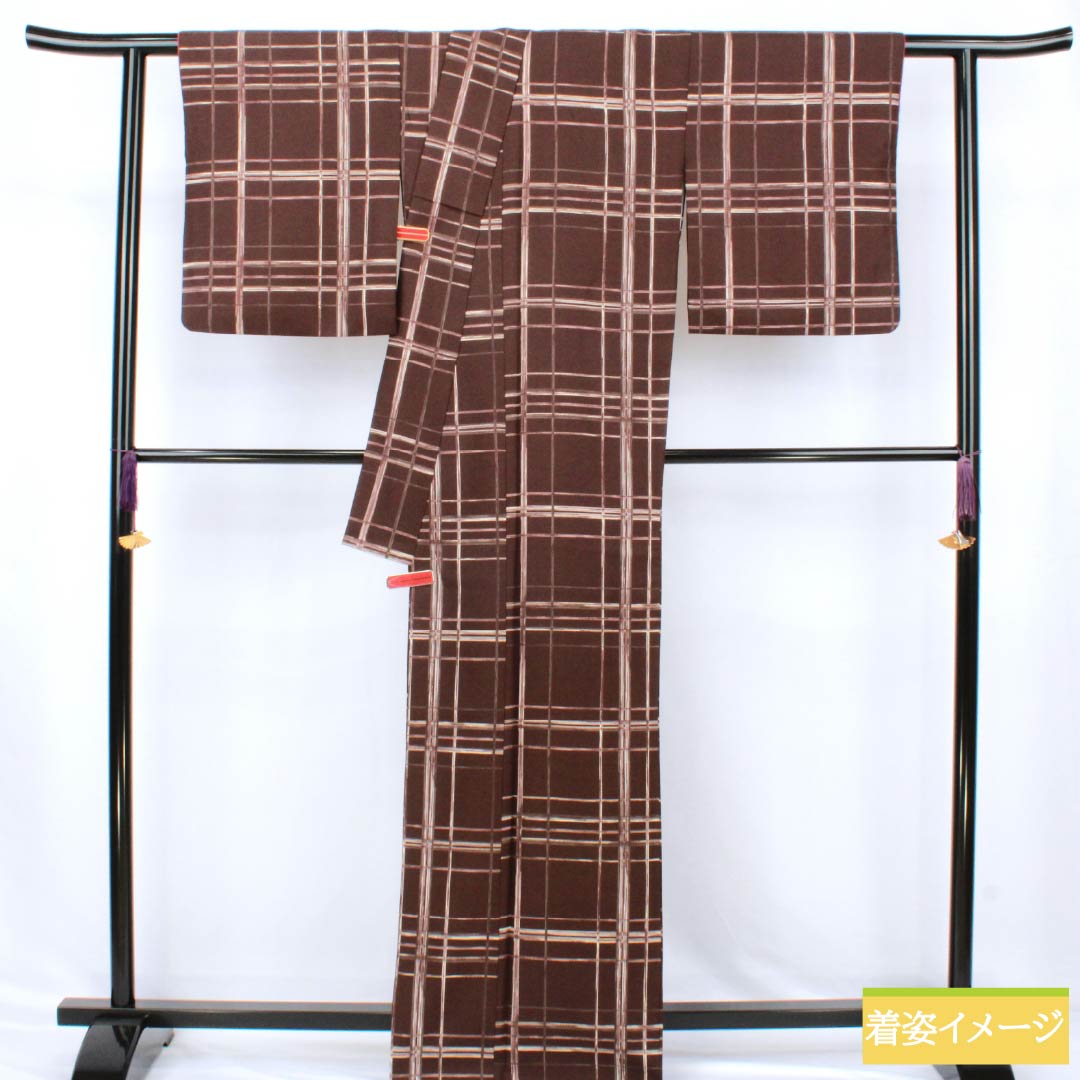 Komon (small pattern) polyester kimono, S rank, length 167.5cm, sleeve length 68cm, lined, burnt brown (kogareiro) check pattern, washable, brown, 1115007522514