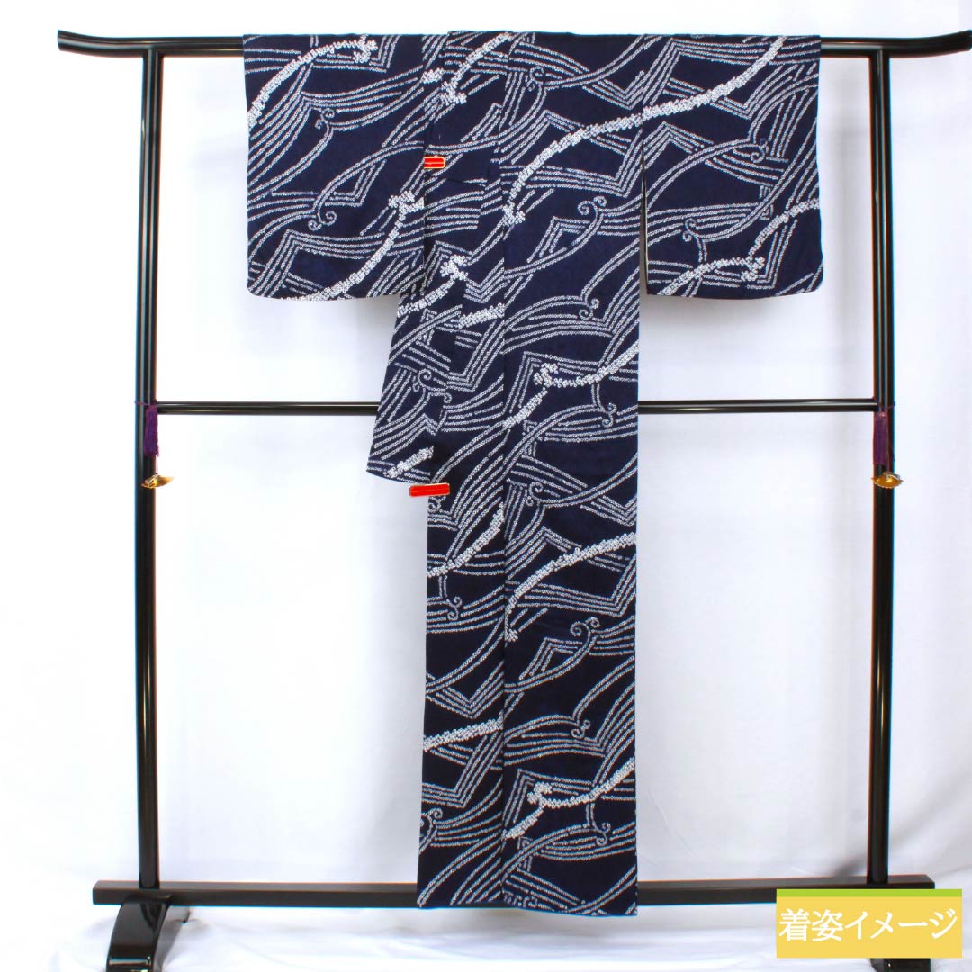 Komon, pure silk, length 158.5cm, sleeve length 64.5cm, lined, tie-dye, abstract pattern, A rank, navy blue, 1115005713318