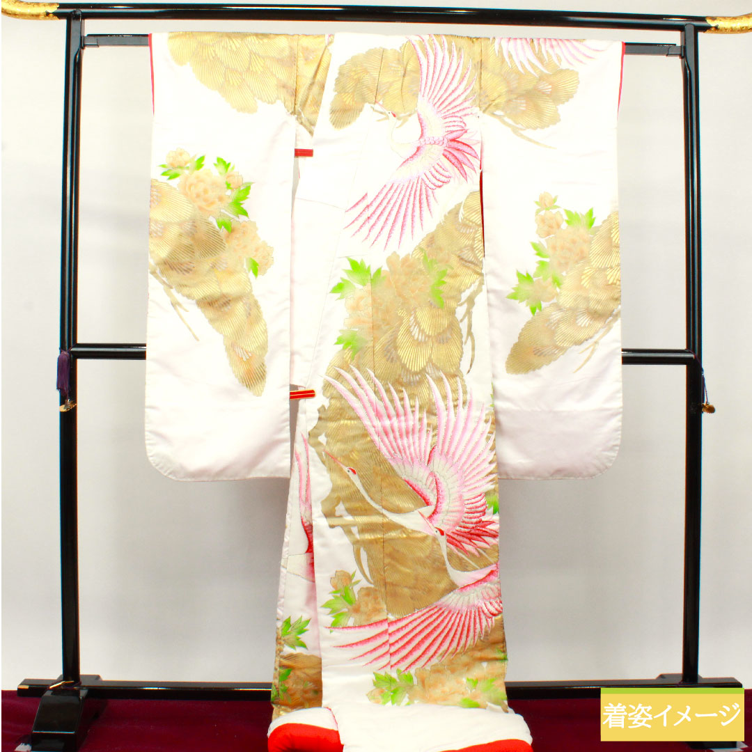 Colored uchikake, pure silk, length 191cm, sleeve length 65cm, Karaori, gold leaf finish, crane, B rank, lined, white, 1110000664911