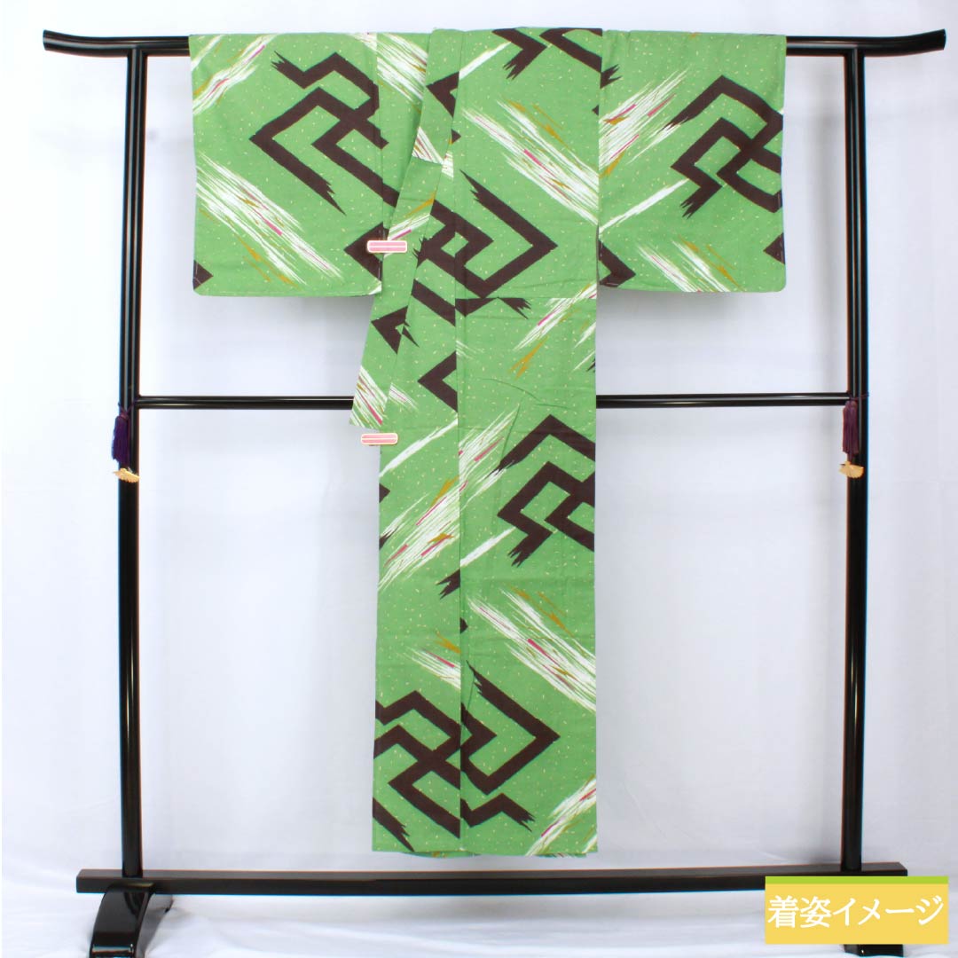 Yukata Cotton Length 149cm Sleeve length 67cm S rank Single layer Green Bright green (Senryoku-iro) Swastika 1118005452119