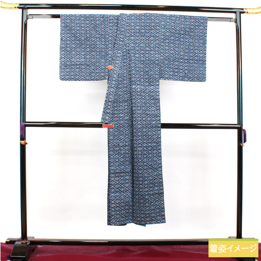 メンズ浴衣 木綿 身丈142.5cm 裄丈63cm Aランク 単衣 紺系 濃紺色(のうこんいろ) 幾何学模様 1118004973418