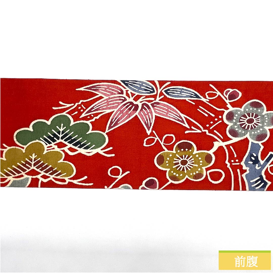Nagoya obi, cinnabar color, Kyoto Bingata, classic pattern, pine, bamboo, plum, obi length 365cm, pure silk, S rank, point pattern, casual, red, 1124005332312, Nagoya style