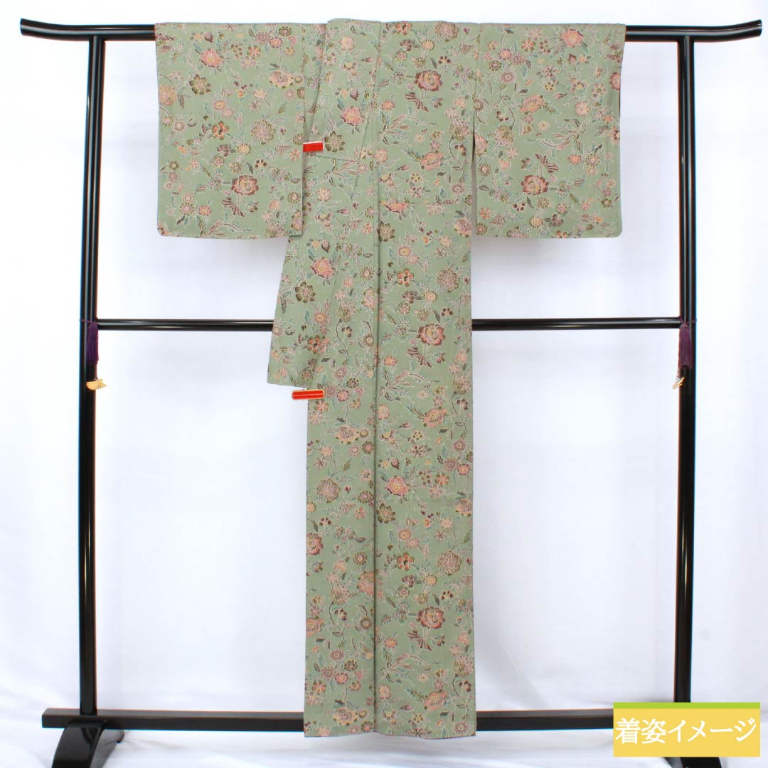 Komon (small pattern) silk, S rank, length 156.5cm, sleeve length 63cm, lined, Rikyu gray (Rikyu mouse color), chintz, green, 1115007162319
