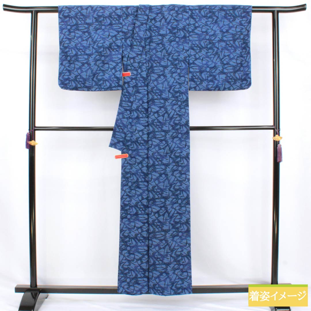 小紋 ポリエステル Sランク 身丈155.5cm 裄丈65cm 単衣 紺藤色(こんふじいろ) 型染 鳥 うそつき襦袢 洗える着物 青系 1115007962317