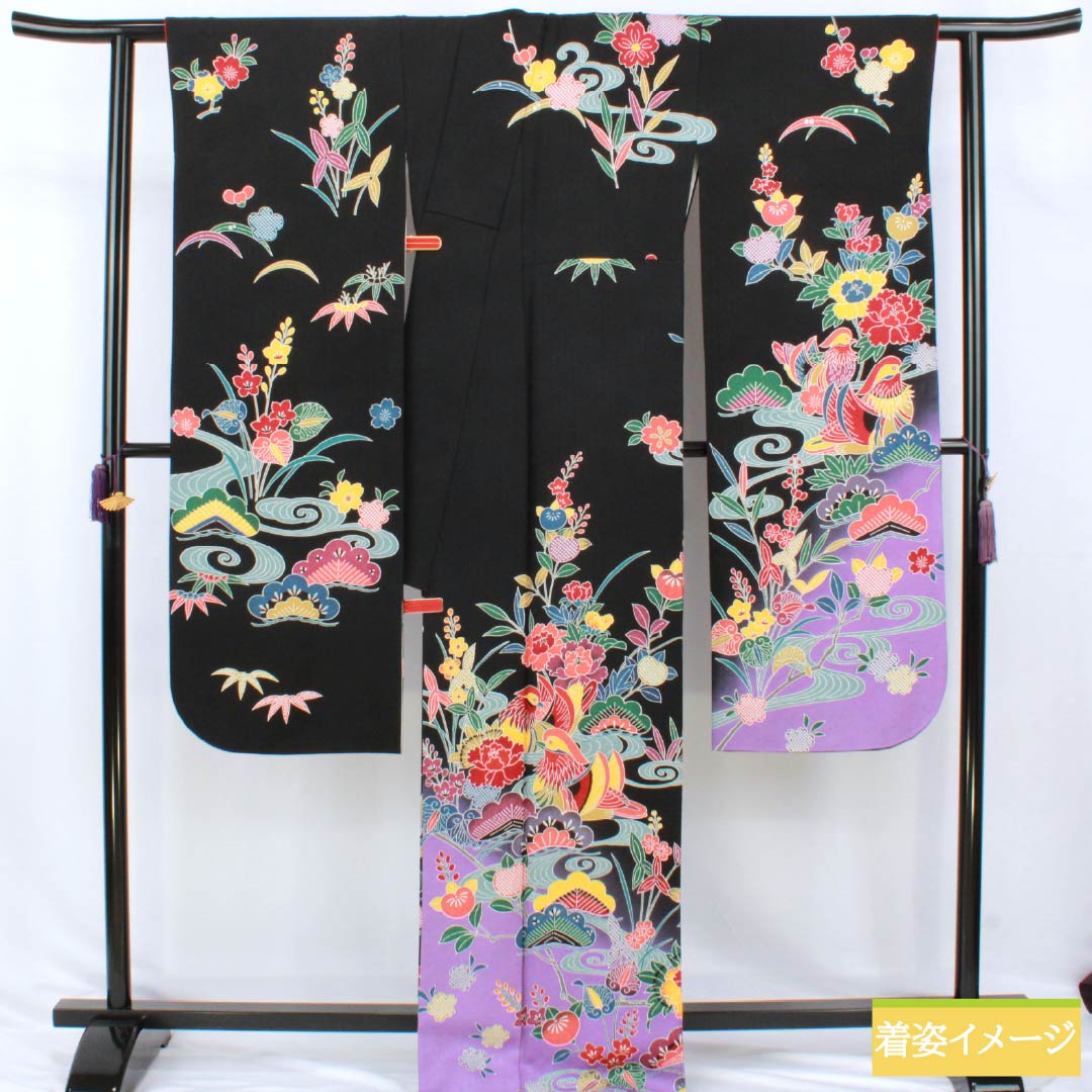振袖 正絹 Sランク 身丈170cm 裄丈70cm 袷 黒色 京紅型 吉祥文様 七宝 桜 黒系 1113002932610