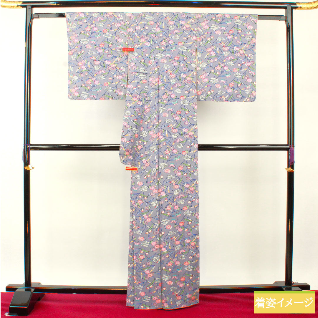 小紋 正絹 身丈164cm 裄丈65cm 袷 つるば鼠色(つるばねずいろ) 京紅型 吉祥文様 Sランク グレー系 1115004442422