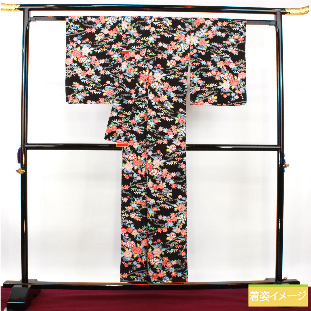 小紋 正絹 身丈152cm 裄丈63.5cm 袷 型染 吉祥文様 Sランク 黒系 1115004132210