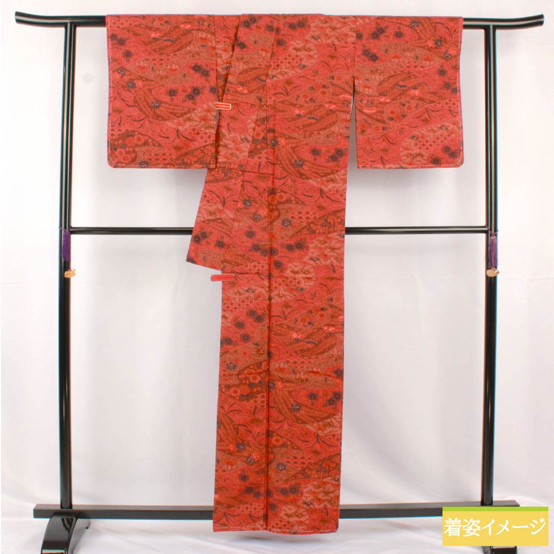 Komon, pure silk, length 161cm, sleeve length 67cm, lined, deep maple leaf color (koimomijiiro), Tsujigahana, with basting thread, S rank, vermilion, 1115005302416