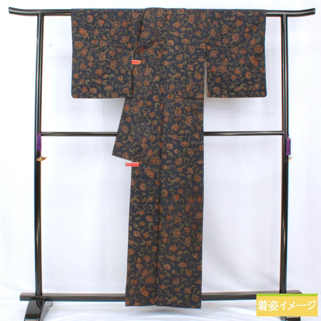 小紋 正絹 身丈160cm 裄丈63cm 袷 濃紺色(のうこんいろ) 更紗模様 Sランク 紺系 1115005282418