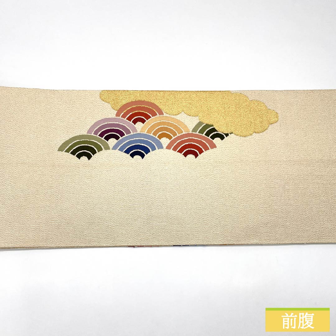 Nagoya Obi, Pure Silk, S-Rank, Tapestry Weave, Cloud Pattern, Seigaiha Pattern, 430cm Long, Gold Accents, Semi-Formal, Pine Needle Pattern, Item Number 1124010522421