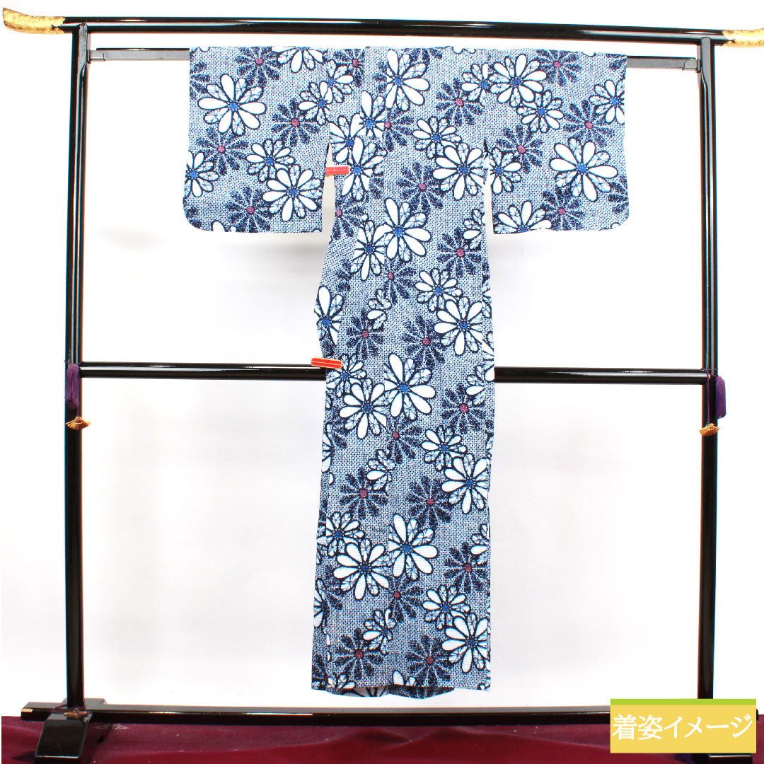 浴衣 木綿 身丈148cm 裄丈63.5cm Sランク 単衣 紺系 濃紺色(のうこんいろ) リップル 菊 1118004572118