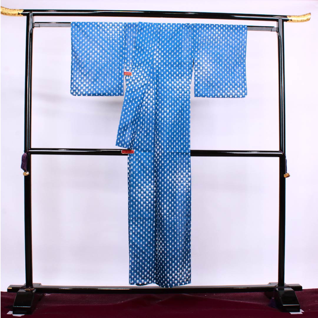 夏物 ポリエステル 小紋 身丈151cm 裄丈62.5cm 碧琉璃色(へきるりいろ) チューリップ 絽 Bランク 青系 1132000304217
