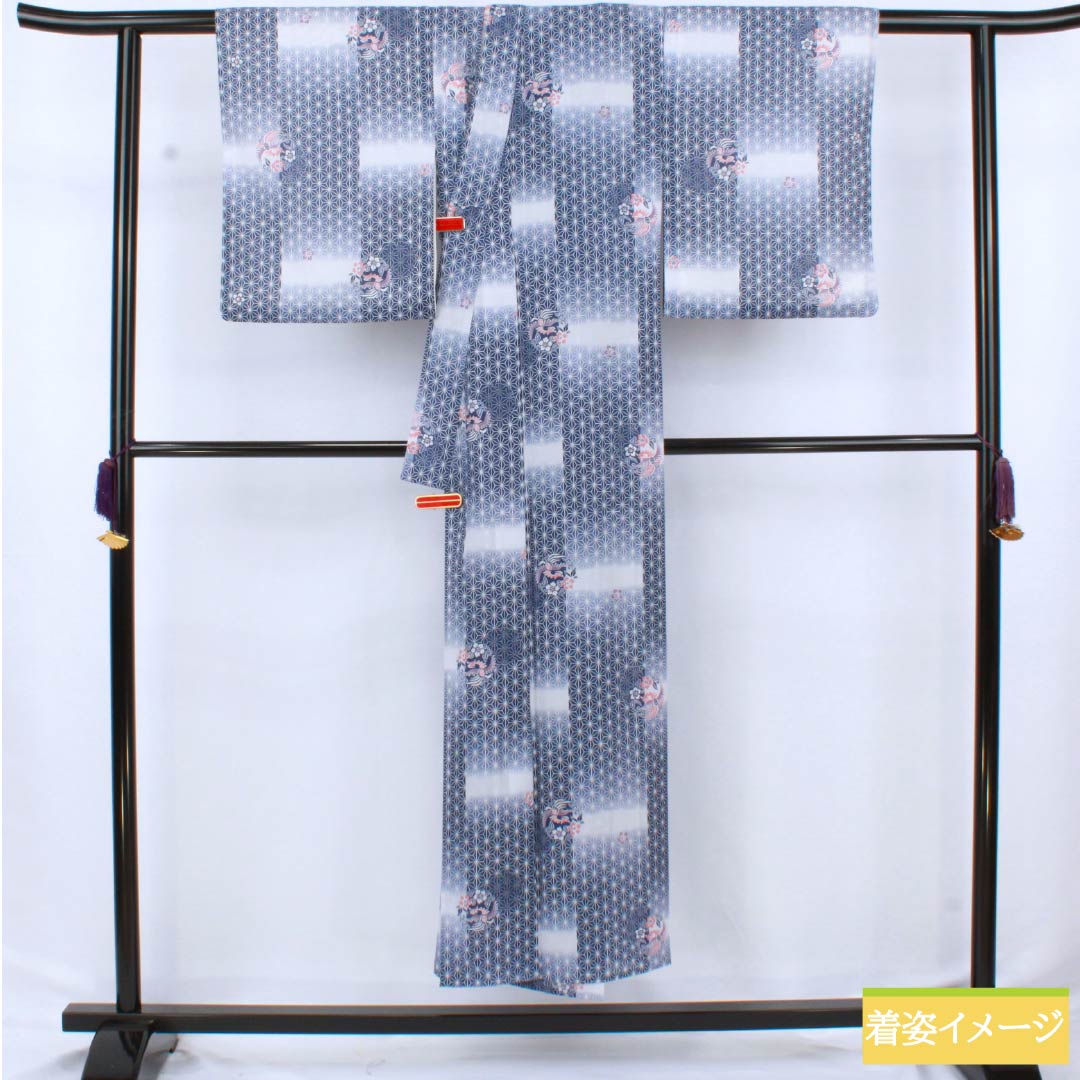 Summer kimono, polyester, small pattern, length 149cm, sleeve length 62cm, iron grape color (tebutsubudouiro), hemp leaf pattern, classic, washable, ro, rank A, navy blue, product number 1132002633118