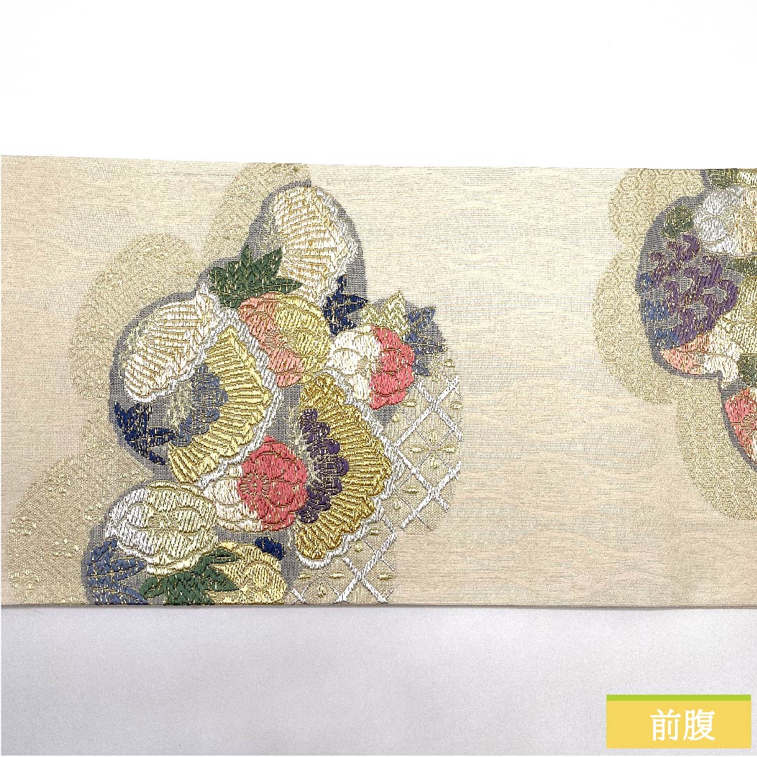 Fukuro Obi, pure silk, off-white, classic pattern, floral pattern, cloud pattern, obi length 446cm, S rank, six-pass, semi-formal, white, 1123010762311