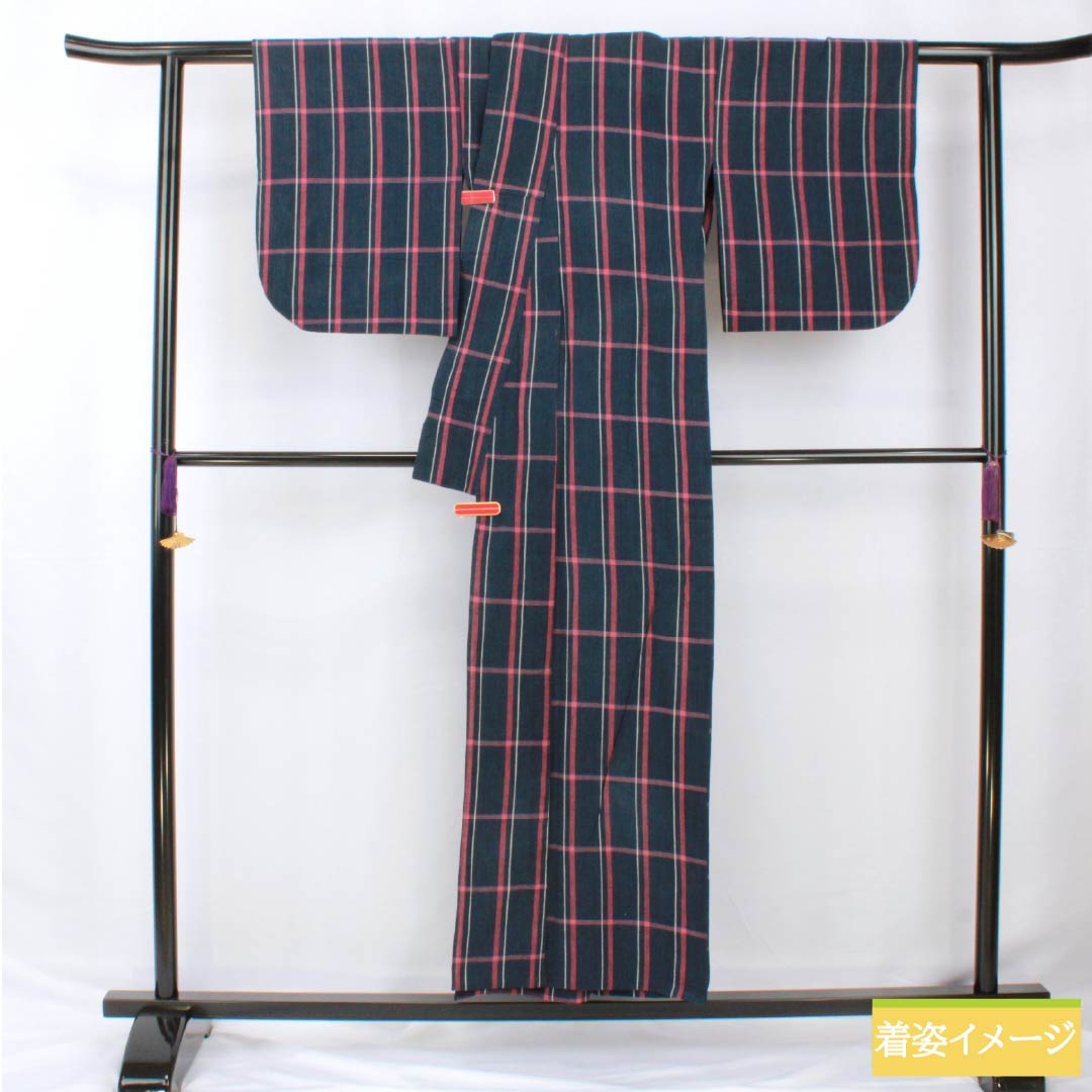 Yukata Cotton Length 154cm Sleeve length 65cm B rank Single layer Navy blue Indian indigo Shijira weave Check pattern 1118005624218