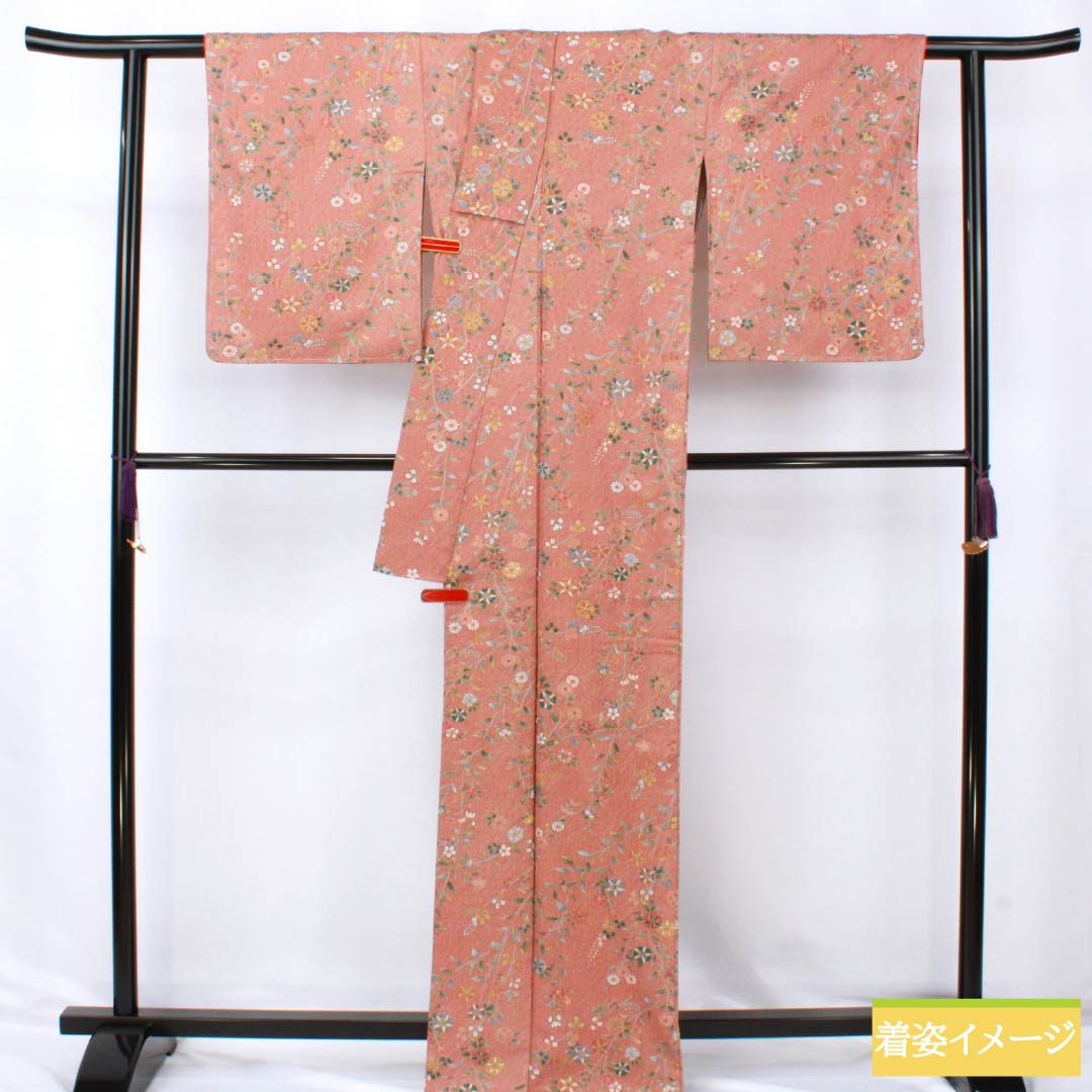 Komon (small pattern) kimono, pure silk, S rank, length 168cm, sleeve length 66cm, lined, light purple (asakura) color, floral pattern, pink with basting thread, product number 1115007152513