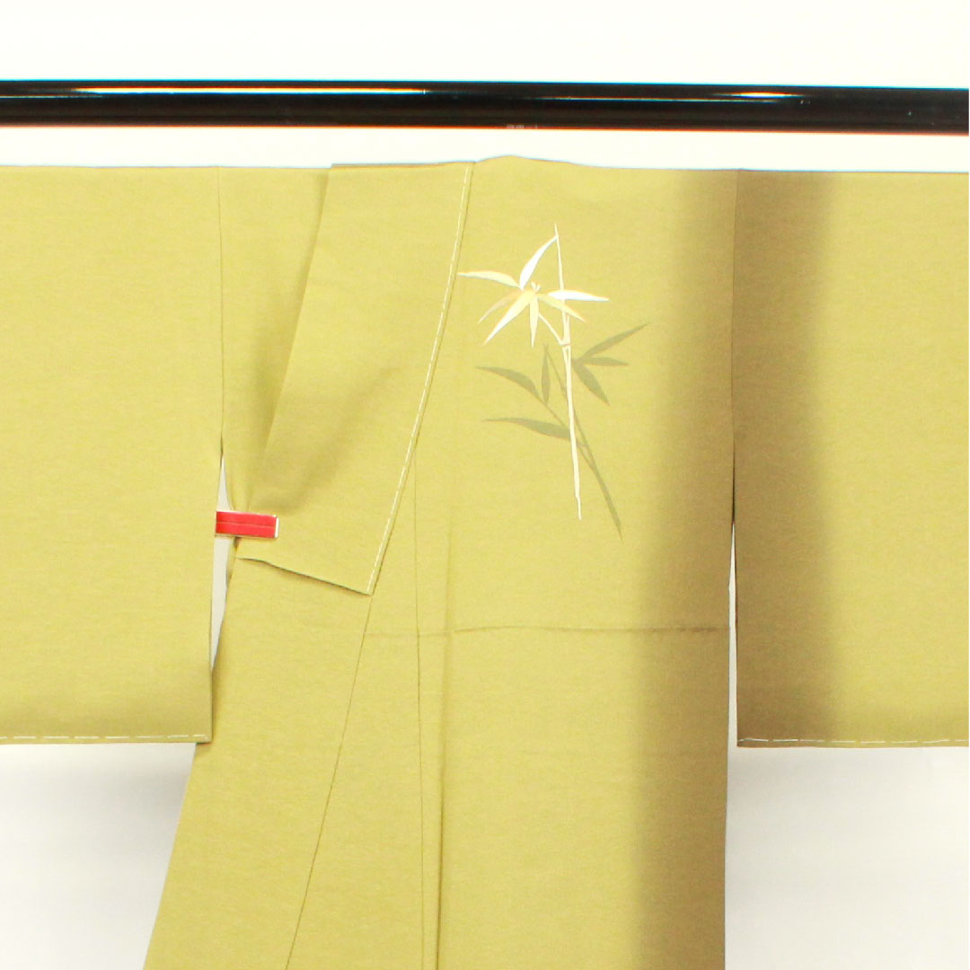 Homongi, lined, length 160.5cm, sleeve length 64cm, unused, with basting thread, dried grass color, Kyoto Yuzen, bamboo grass, pure silk, S rank, green, 1112002272419
