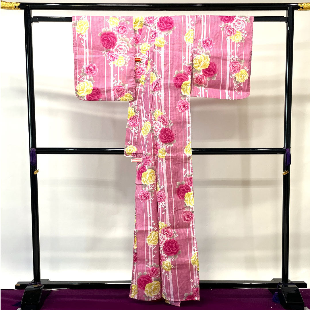 浴衣 撫子色 薔薇 縞 木綿 Aランク 単衣 身丈165.5cm 裄丈66cm ピンク系 1118002233513