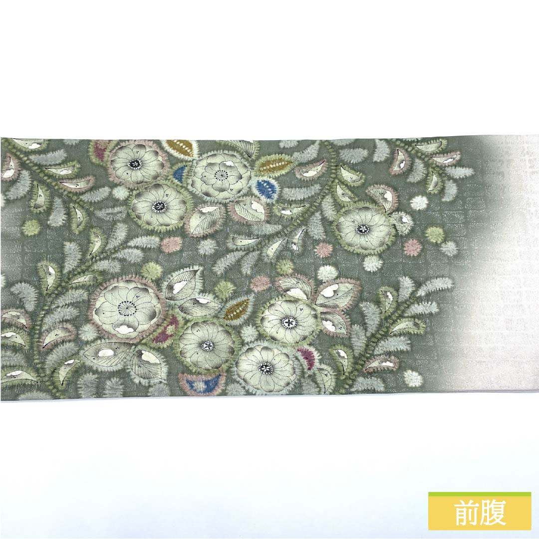袋帯 正絹 青柳鼠色(あおやなぎねずいろ) 絞り 辻ヶ花 帯丈442cm Sランク ポイント柄 セミフォーマル 緑系 1123014842319