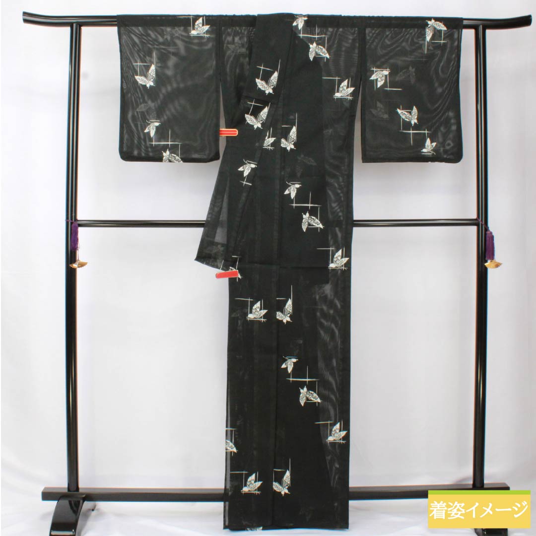 Summer Polyester Komon Kimono, Length 165.5cm, Sleeve Length 64cm, Plaid and Butterfly Design, Silk, Rank A, Black, 1132002383510
