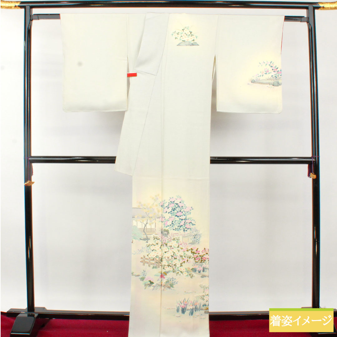 訪問着 正絹 袷 身丈168.5cm 裄丈68cm 銀白色(ぎんはくしょく) 加賀友禅 茶屋辻模様 作家物 Aランク グレー系 1112004743522