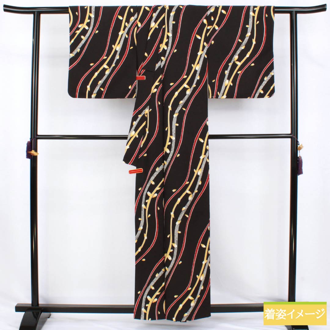 Komono Polyester S Rank, Length 157.5cm, Sleeve-to-sleeve 65.5cm, Unlined, Katazome, Curves, Flower Petals, Washable Kimono, Black-based, 1115007812310