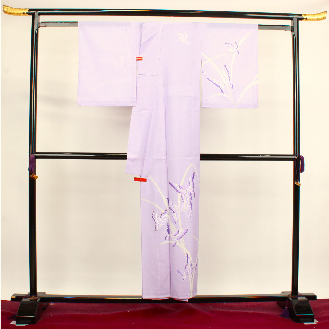 夏物 ポリエステル 訪問着 身丈152cm 裄丈61.5cm 淡紫色(たんししょく) 洗える着物 蝶 絽 Sランク 紫系 1132000682220
