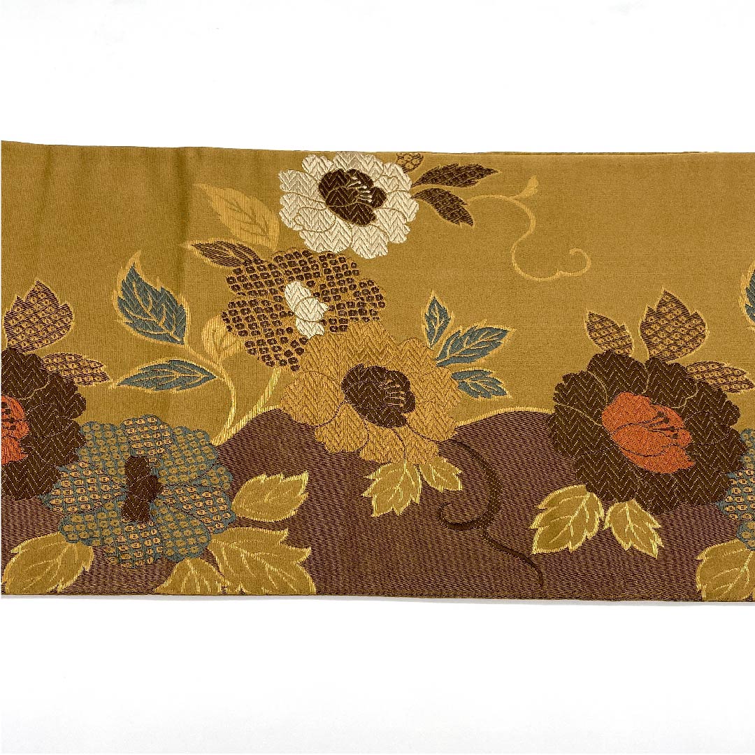 名古屋帯 京袋帯 煙草色 草花模様 帯丈362cm ポリ Sランク 六通 セミフォーマル 茶系 1124003292314 開き仕立て