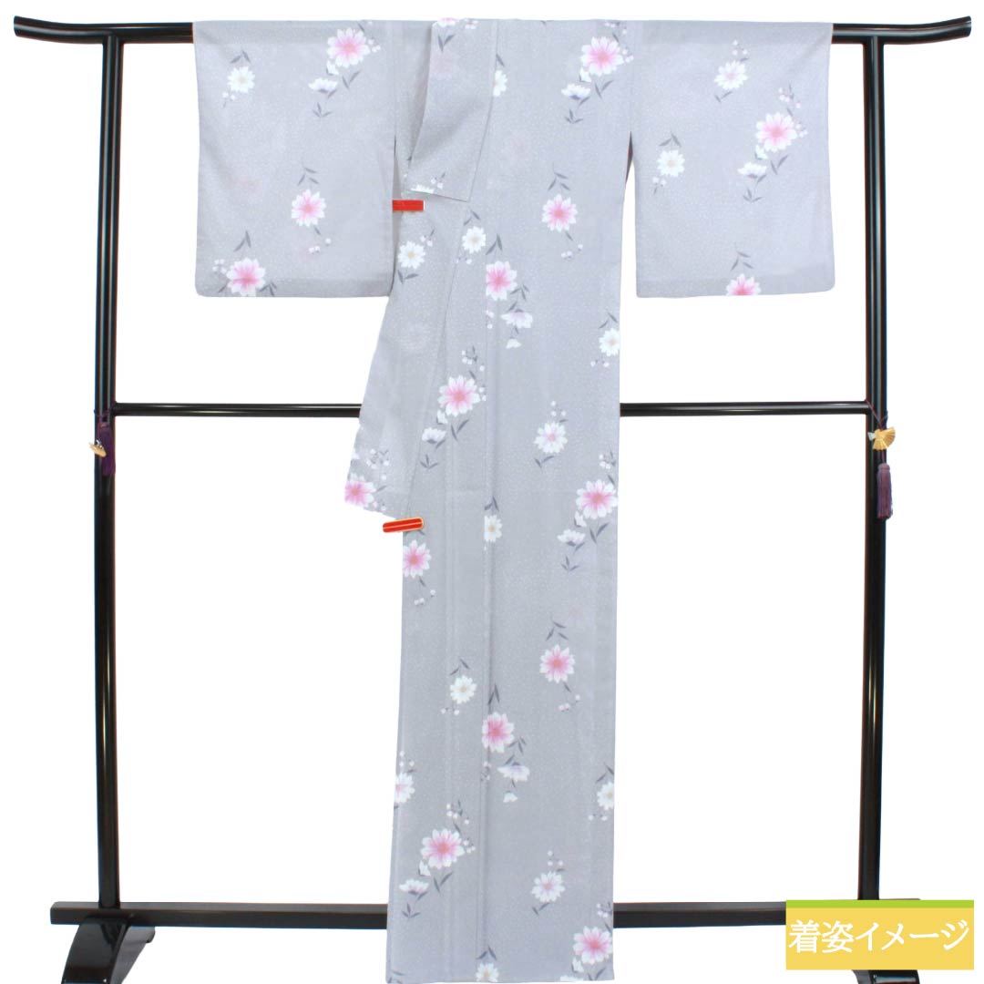 夏物 ポリエステル 小紋 Sランク 身丈164.5cm 裄丈66cm 水銀色(すいぎんいろ) 花柄 洗える着物 絽 グレー系 1132003592422