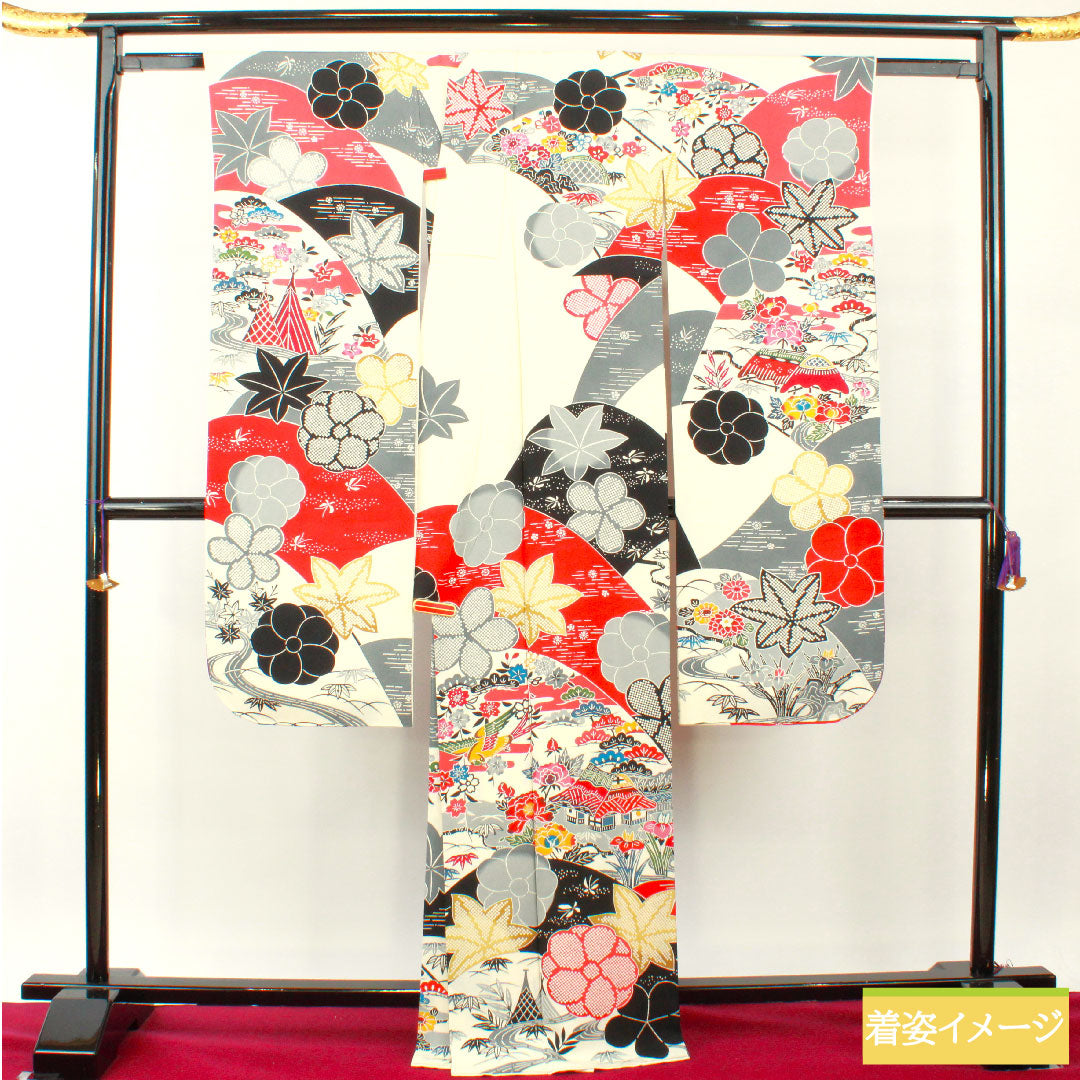 Furisode, pure silk, length 167.5cm, sleeve length 69cm, lined, Kyoto Bingata, auspicious motif, Hajik processing, A rank, white, 1113002103511