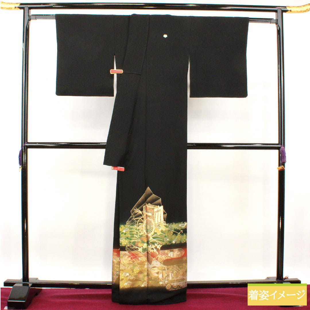 黒留袖 正絹 身丈164cm 裄丈65cm 袷 金彩加工 吉祥文様 作家物 五つ紋 蔦 Aランク 五つ紋 黒系 1111001263410