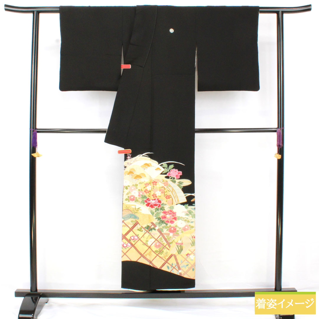 黒留袖 正絹 身丈150cm 裄丈64cm 袷 京友禅 吉祥文様 五つ紋 轡十字(くつわじゅうじ) Sランク 黒系 1111001772110
