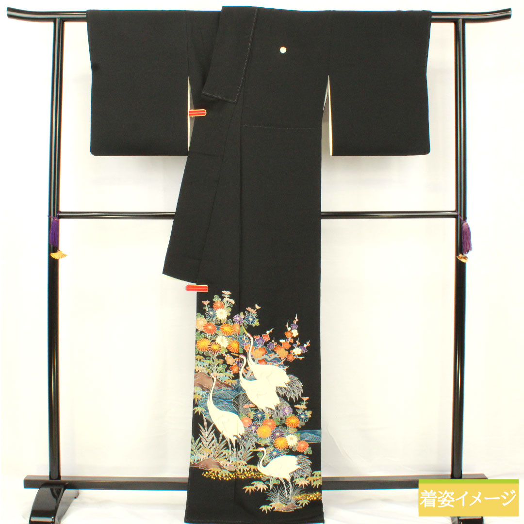 黒留袖 正絹 身丈165cm 裄丈63cm 袷 京友禅 鶴 菊 竹 梅 五つ紋 剣片喰 Aランク 黒系 1111001503510