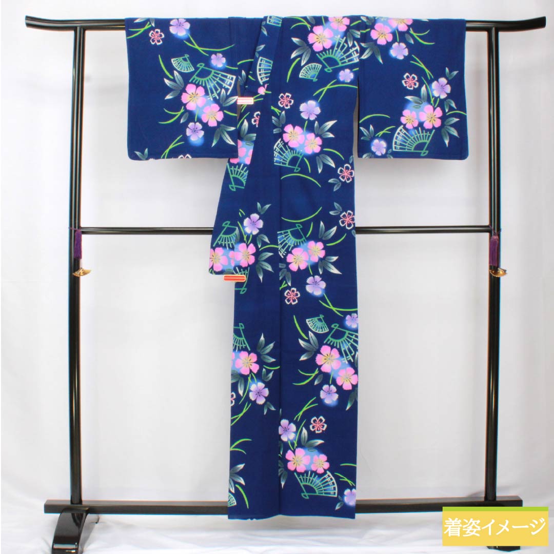 Cotton Yukata, Length 157cm, Sleeve Length 68.5cm, S Rank, Single Layer, Navy Blue, Cosmos, Fan Design, 1118005972318