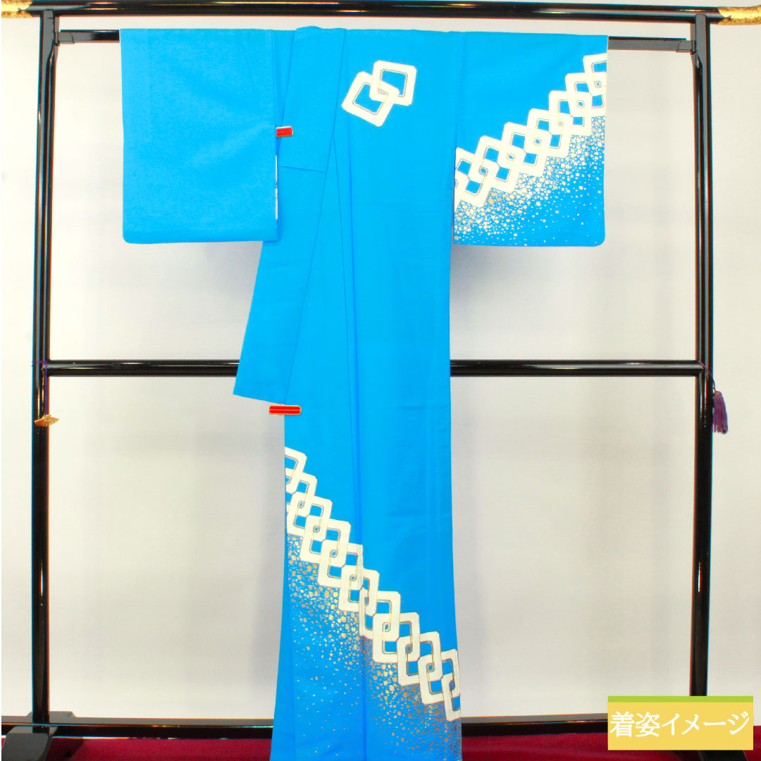Homongi (formal kimono) made of polyester with a waistband, length 163.5cm, sleeve length 67.5cm, Tenshoku, washable kimono, Yoshihara Tsunagi, dance costume, tsukesage, S rank, blue, 1112004262417