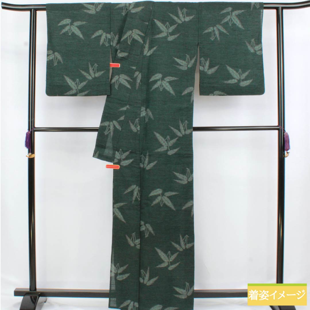 夏物 綿麻 紬 身丈163cm 裄丈67.5cm 鉄色(てついろ) 竹の葉 紗 Aランク 緑系 1132002823419
