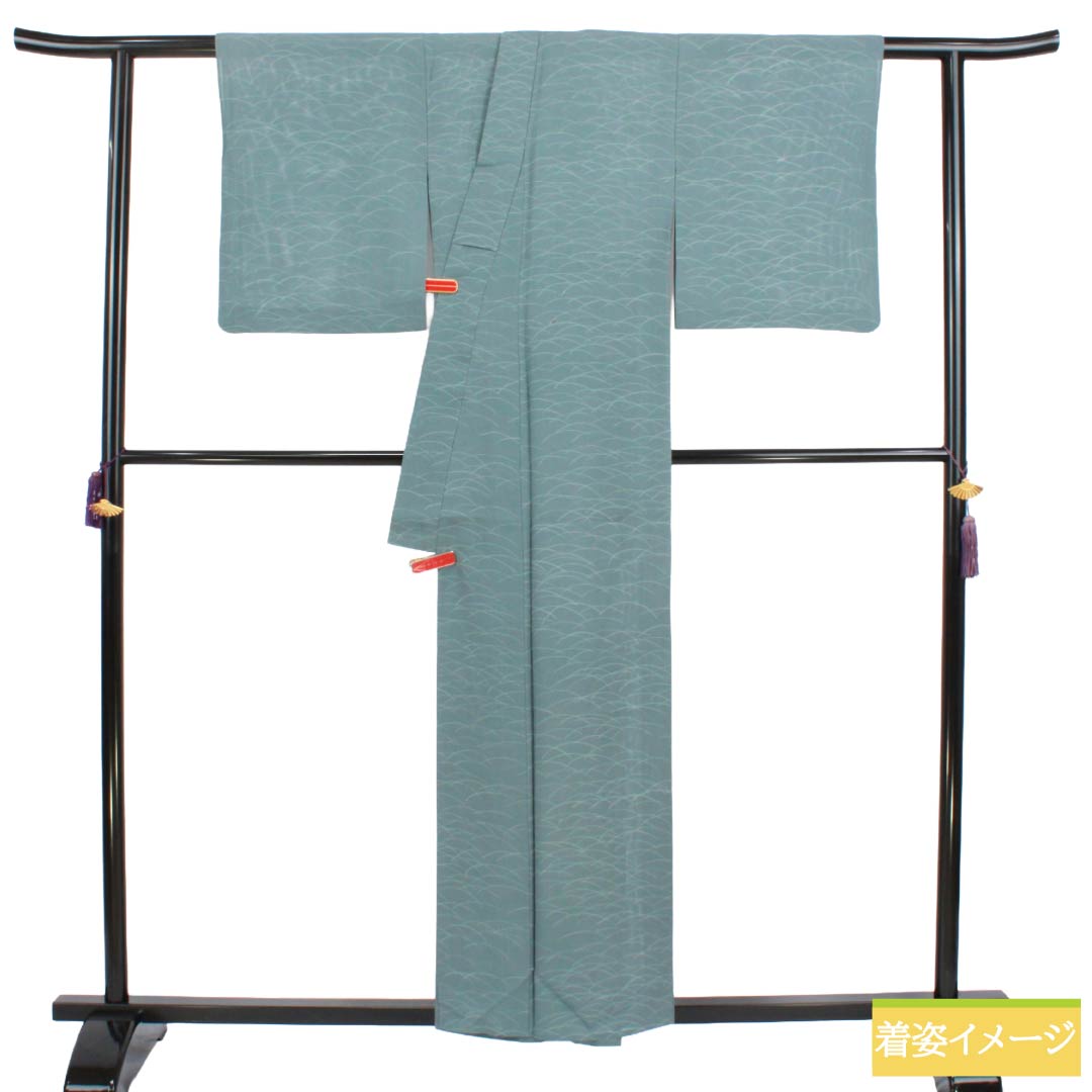 夏物 正絹 小紋 Aランク 身丈157cm 裄丈62cm 浅葱鼠色(あさぎねずいろ) 露芝 絽 緑系 1132004713319