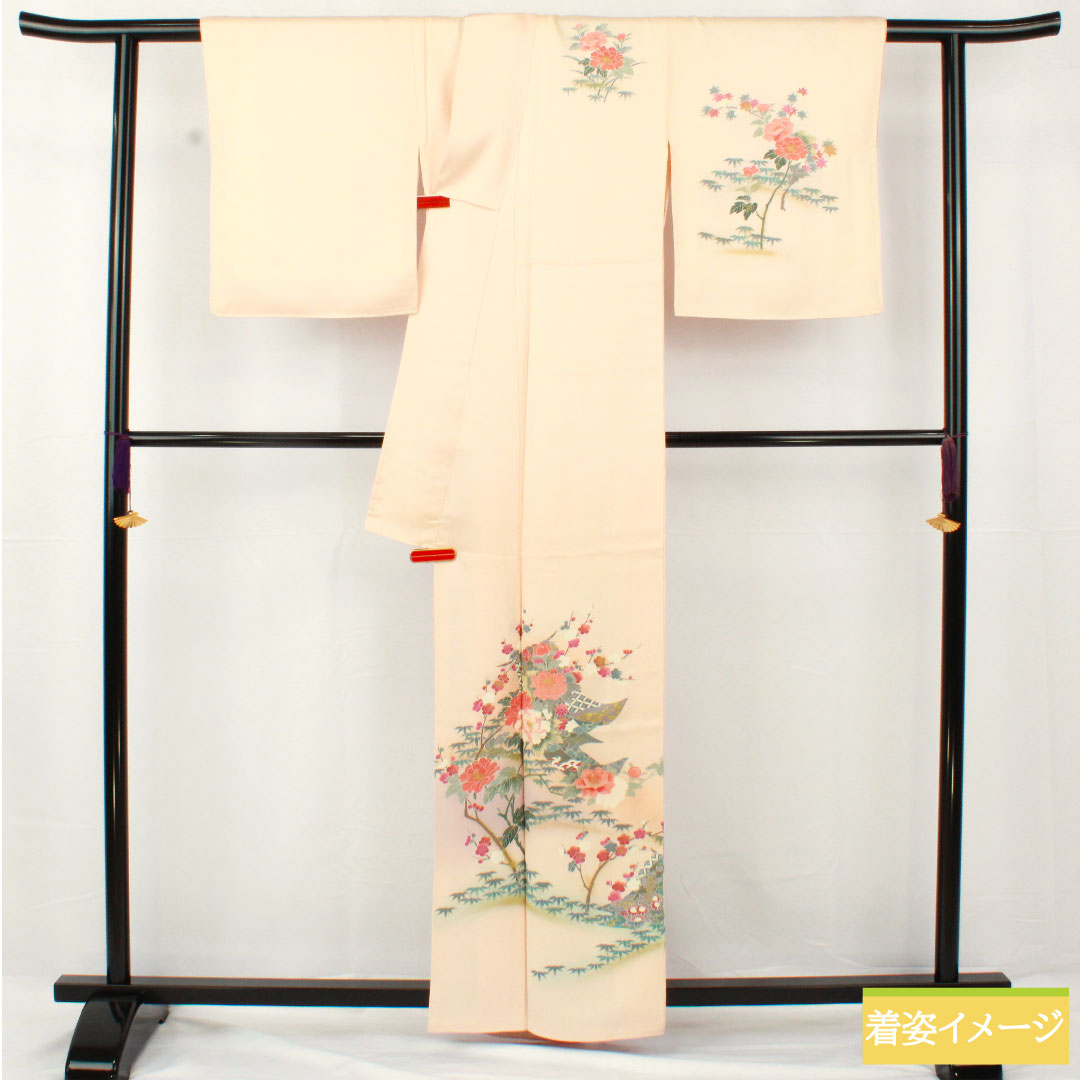 Homongi, pure silk, lined, length 161.5cm, sleeve length 63cm, maiden color, Kyo-Yuzen, floral pattern, S rank, pink, 1112005312413