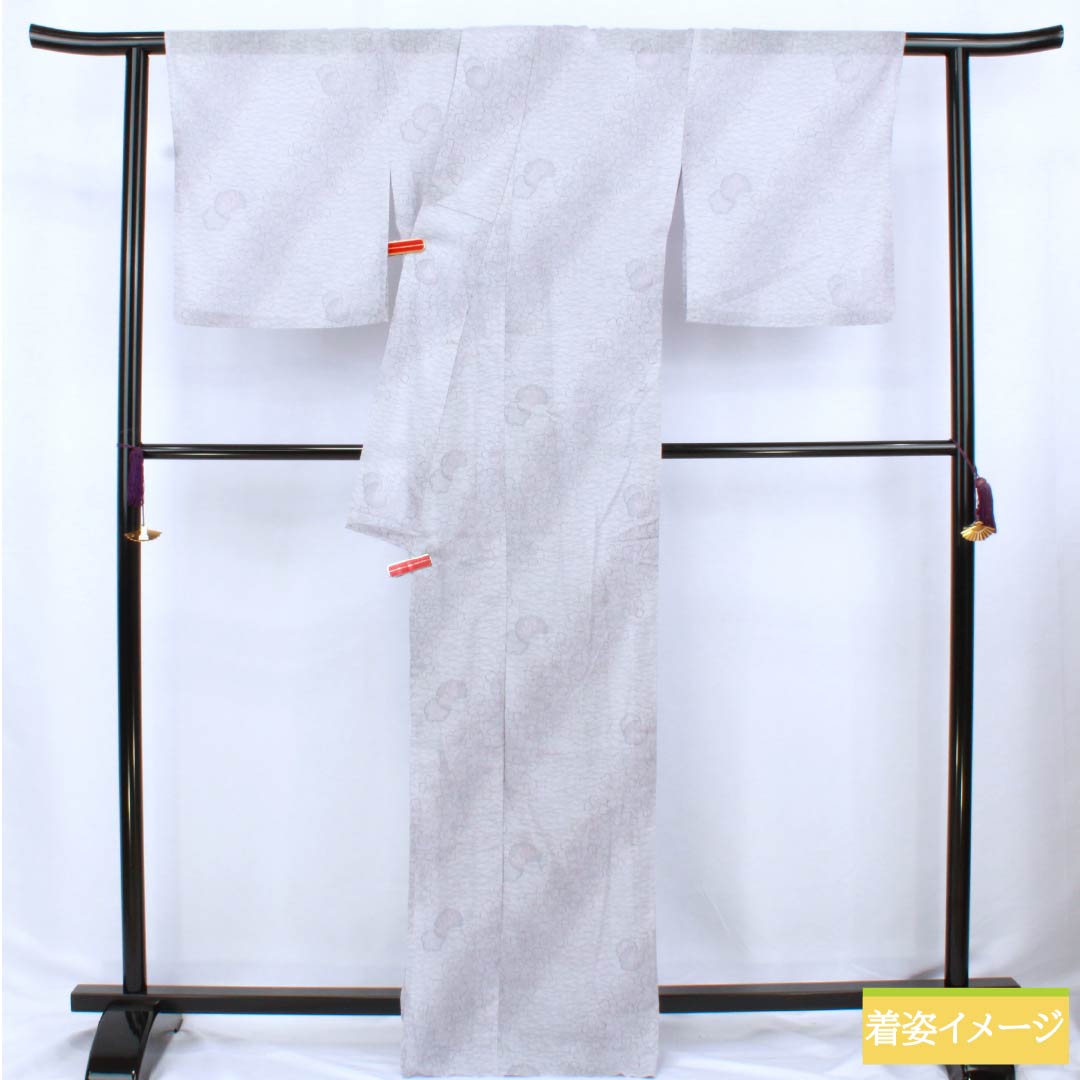 Summer Polyester Komon Kimono, Length 167.5cm, Sleeve Length 67.5cm, Snow-Colored (Sesshoku) Snow Rings, Small Flowers, Gauze, A-Rank, Gray, Item Number 1132002403522