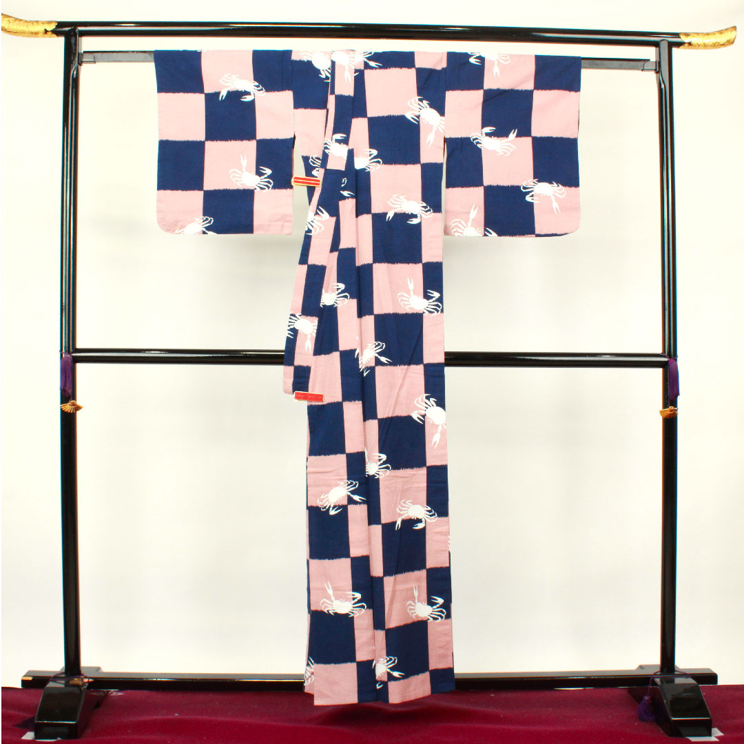 Yukata Checkered Crab Cotton A Rank Single Layer Length 157cm Sleeve Length 66.5cm Gradient 1118002953399