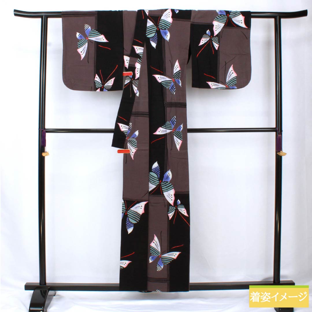 Cotton Yukata, Length 158cm, Sleeve Length 67cm, Rank B, Single Layer, Monotone, Grape Gray, Butterfly Design, 1118005824327
