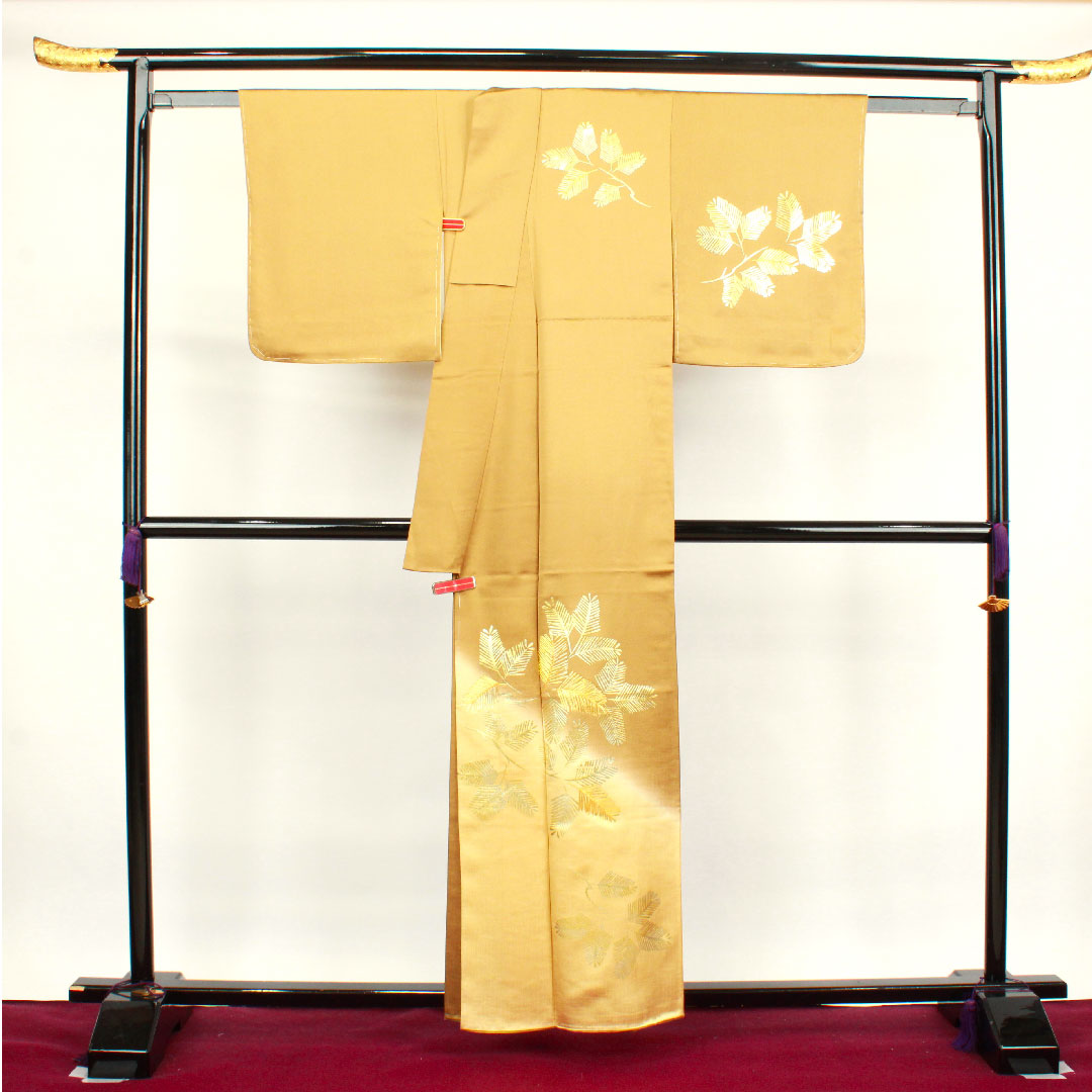 訪問着 袷 身丈158.5cm 裄丈65cm 沈香茶色 金彩加工 松葉 正絹 Sランク 黄系 1112002562323