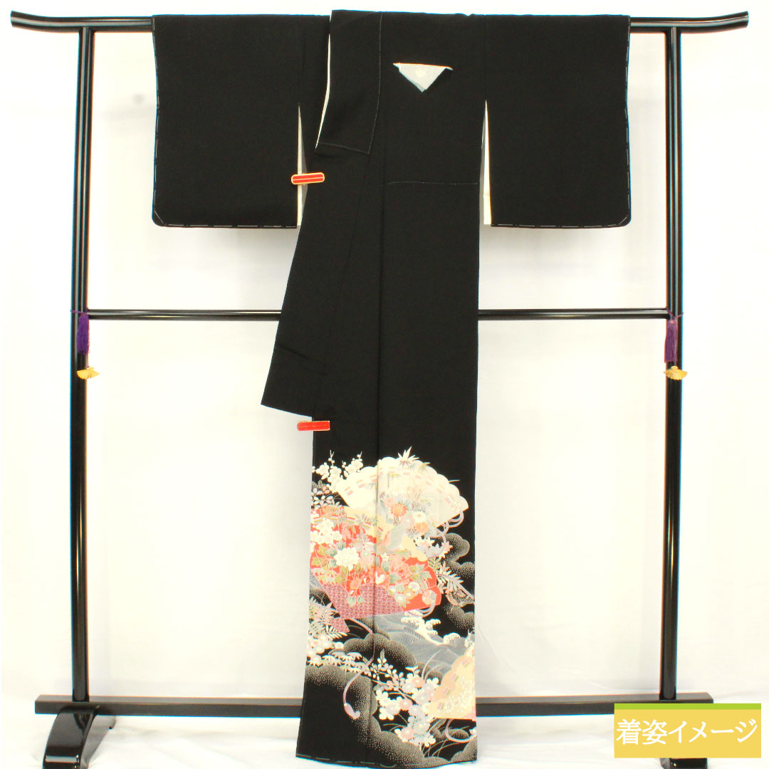 黒留袖 正絹 身丈164.5cm 裄丈63cm 袷 京友禅 波 檜扇 梅 五つ紋 五三桐 Aランク 黒系 1111001523410