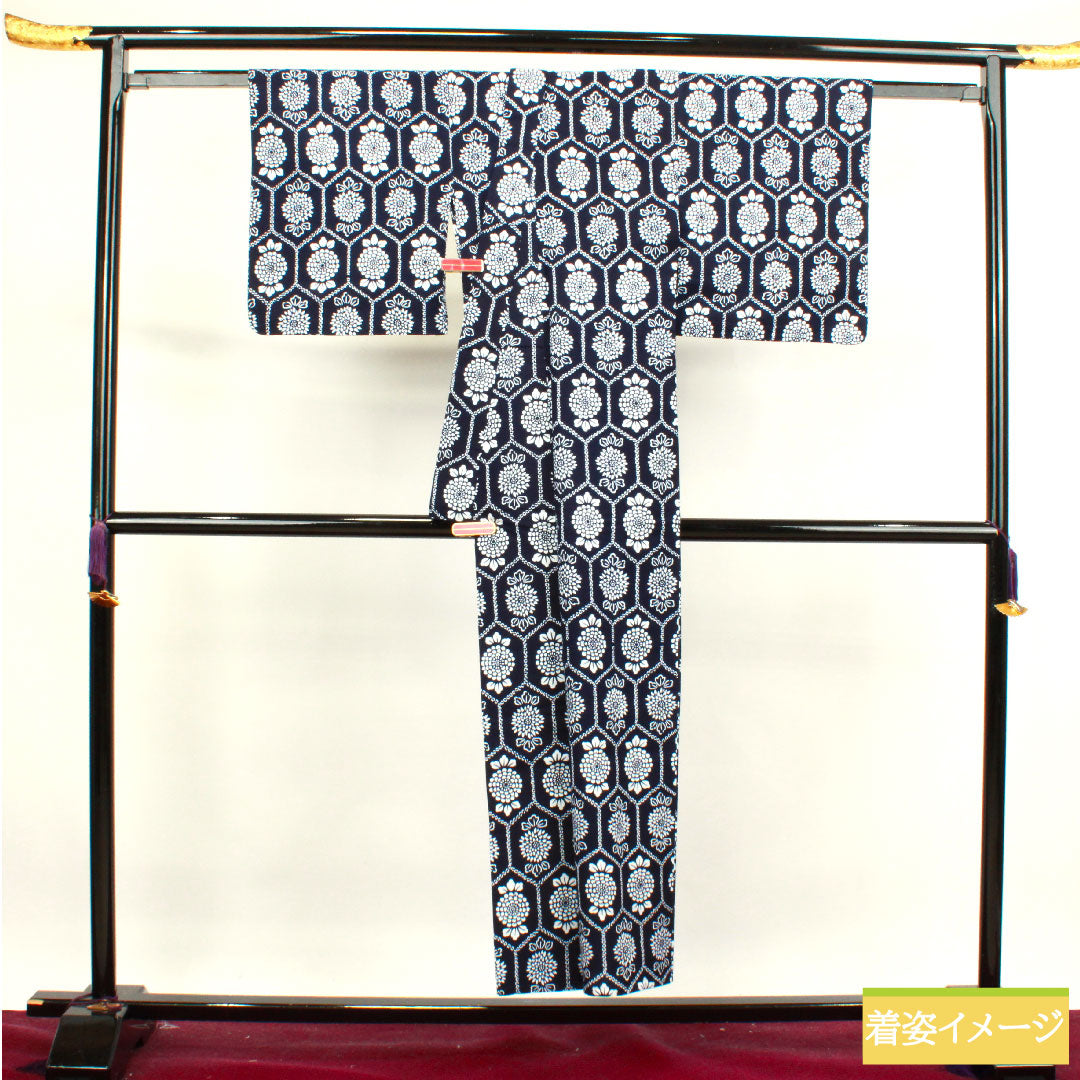 浴衣 木綿 身丈149.5cm 裄丈62.5cm Sランク 単衣 紺系 濃紺色(のうこんいろ) ピンポンマム 1118004612118