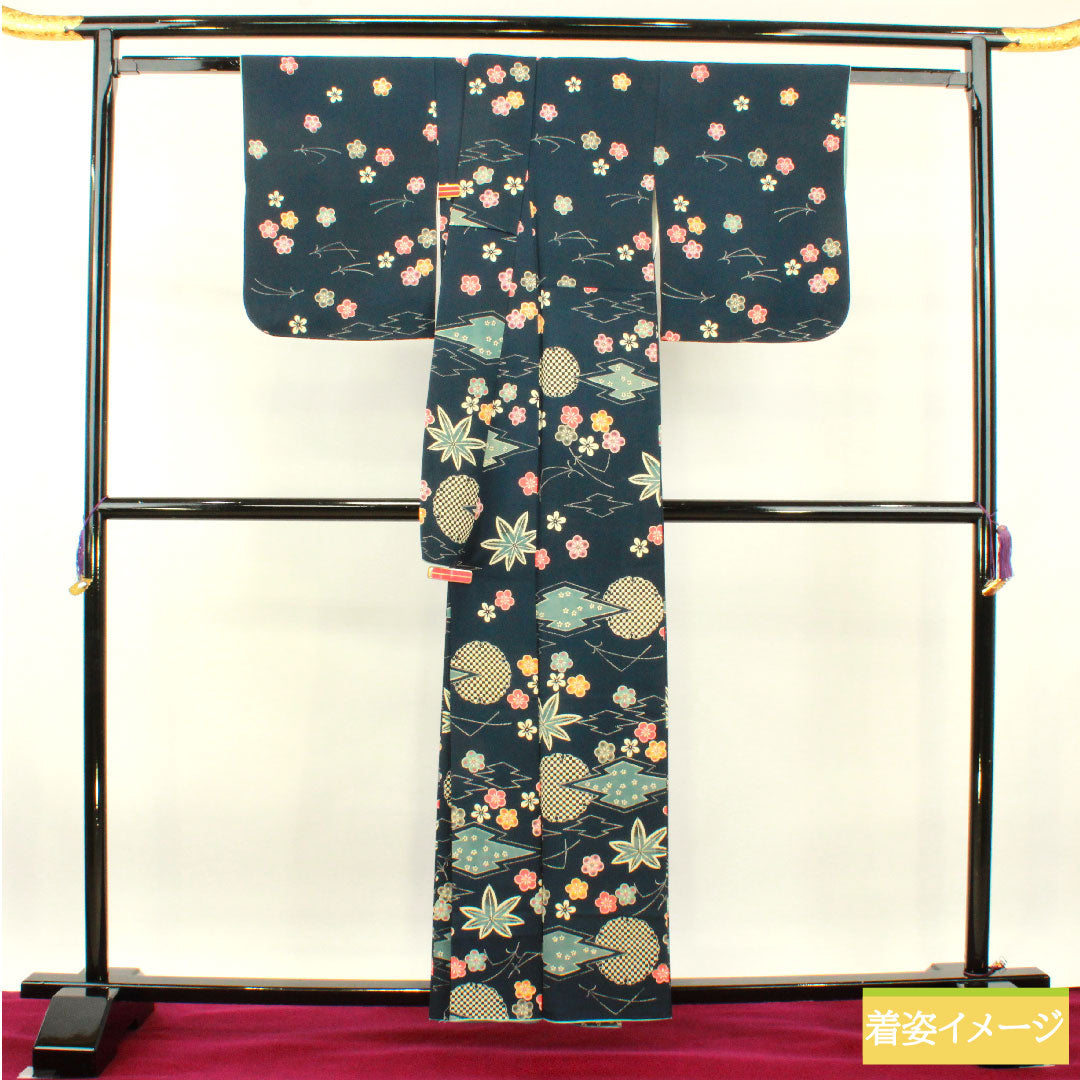 訪問着 正絹 袷 身丈158.5cm 裄丈62cm 濃紺色 小紋付下げ 京紅型 Aランク 紺系 1112003783318
